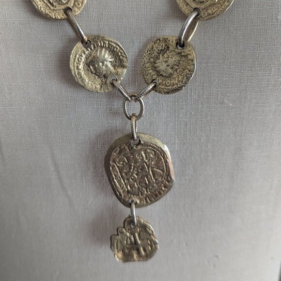 Vintage Roman Coin Cross Gold Medallion Lariat Bib Necklace Chunky Chain Link - Picture 13 of 13